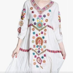 White Boho Long Sleeve Ethnic Embroidered Shift Dress Size Medium